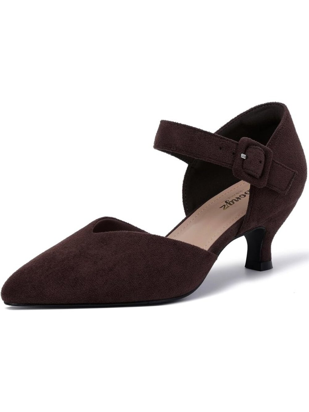 Women's Chocolate Kitten Heel Pointed Closed Ankle Strap Buckle Slip On Shoes